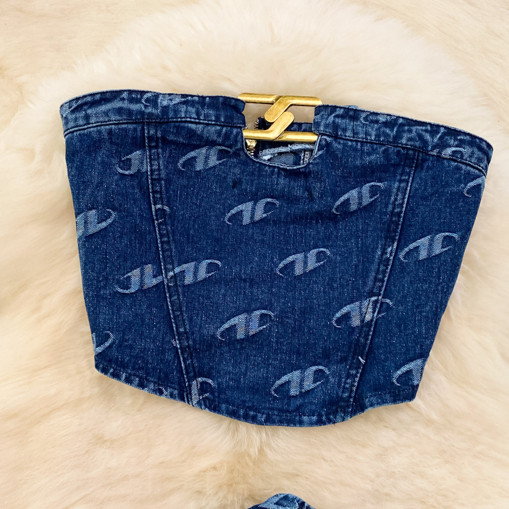 Fashion Set Womens American Style Bra Denim Tank Top Two Piece Casual High Waist Slim Straight Leg Pants 240409