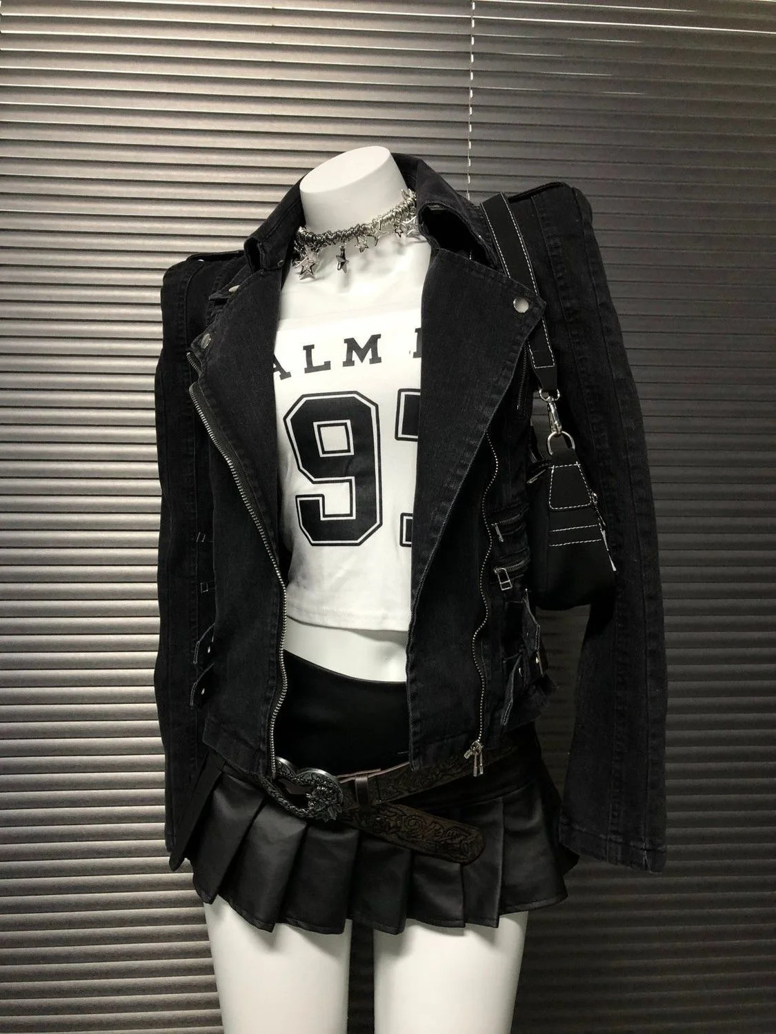 Y2K Gothic Black Coat Bomber Jacket Women Harajuku Vintage Turn Down Collar Denim Jacket Punk Diagonal Zipper Motorcycle Jacket 260303