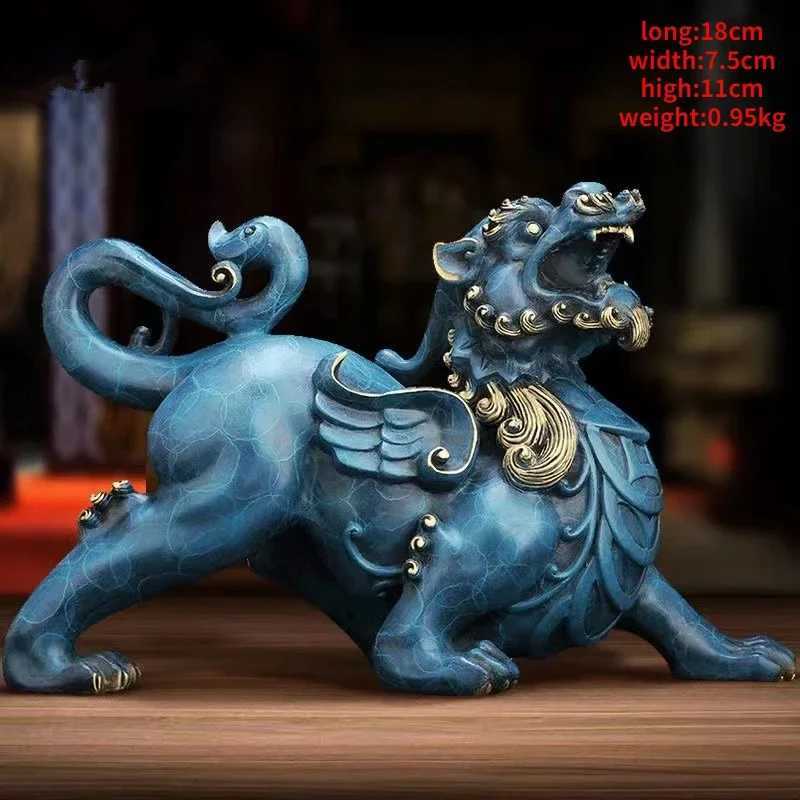 Chinese Blue Copper Pi Xiu Sculpture Feng Shui Decor for Home Office WealthT260307