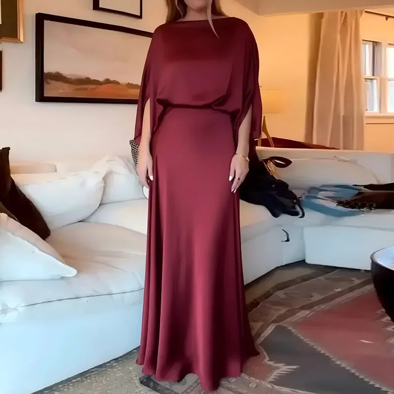 2026 Spring Elegant Solid Evening Gown Set Woman Sexy Skew Collar Top Pullover Long Dress Suit Autumn Sleeve 2pcs Outfits 260306