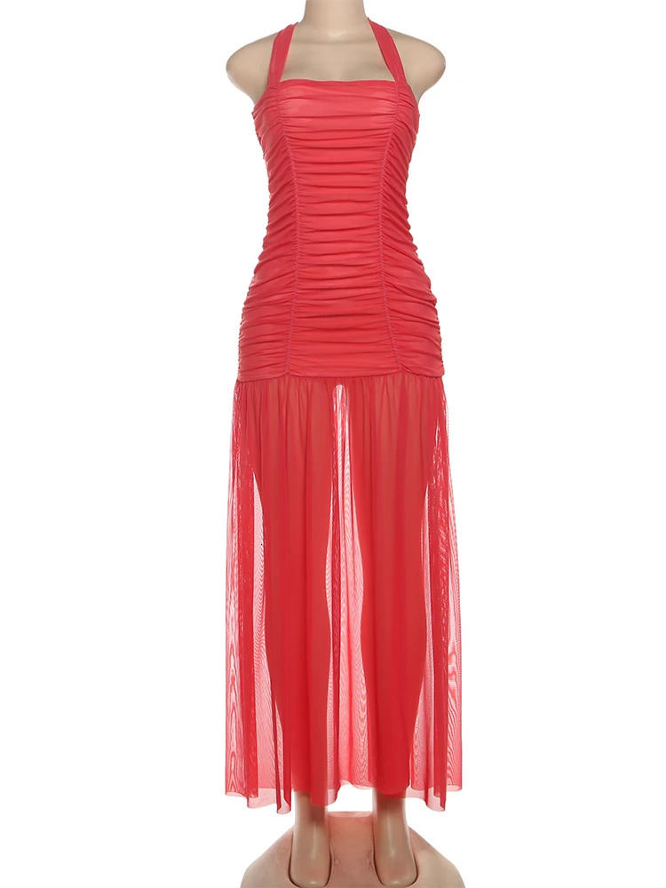 Nibber See Through Hem Dress Women Ruched Halter Summer Trend Sleeveless Backless Patchwork Midnight Clubwear Party Maxi Bodycon 260306
