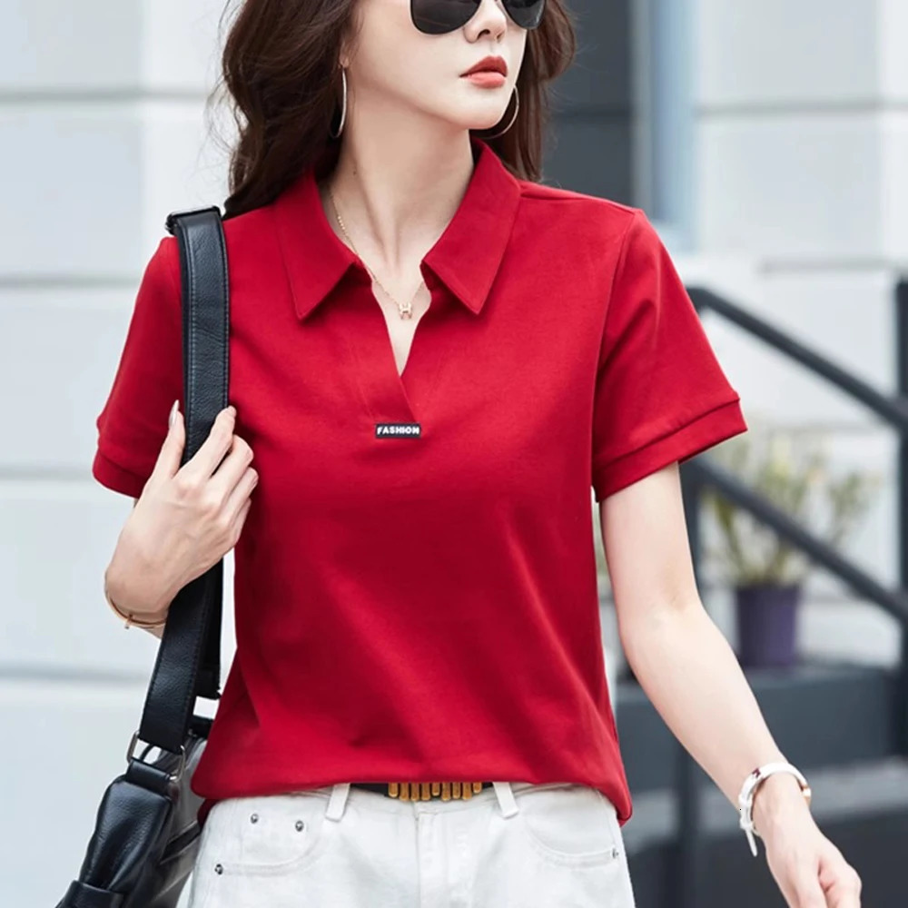 European Station Polo Neck Short sleeved Tshirt Womens Summer Fashion Light Loose Large Cotton Vneck Casual Top 260228
