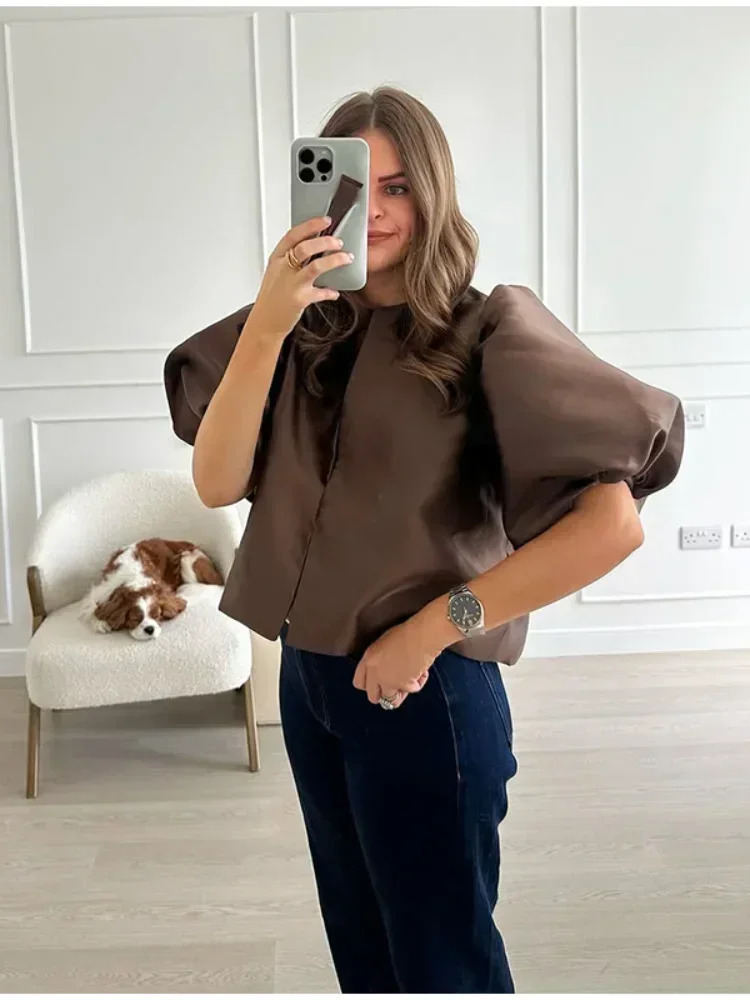 Round Neck Satin Solid Short Blouse For Women Elegant Button Puff Short Sleeve Fashion Shirt Chic Lady Street Shirts 2026 260306
