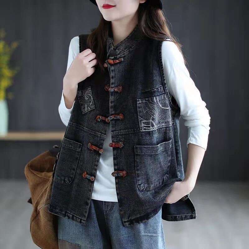 Mardi Hefxessdr Women's Denim Vest Cotton Spring and Summer Short Plus Size Vest Chinese Style Korean Fashionable Sleeveless Jacket Women