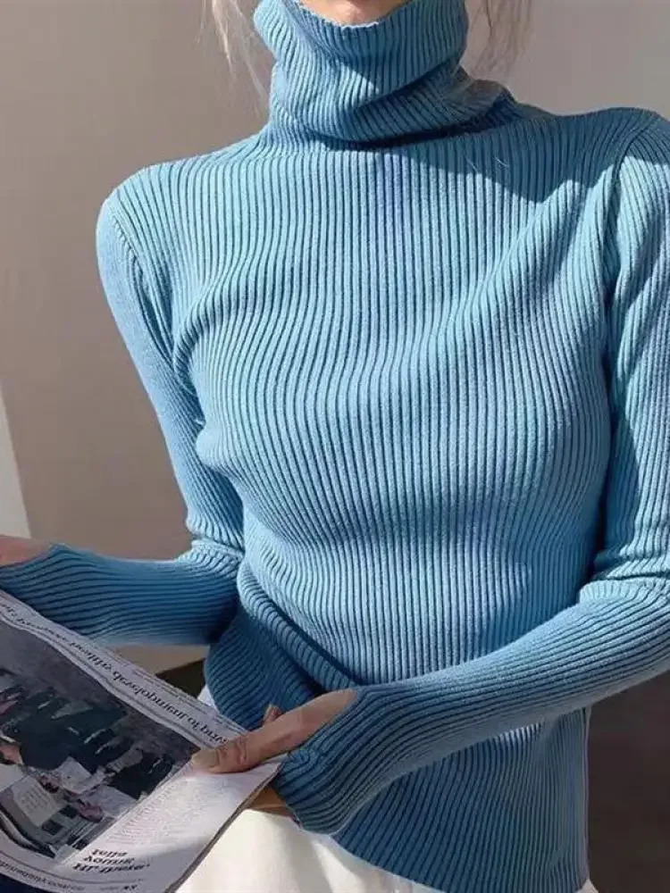 Autumn Winter Basic Knitted Tops Women Turtlneck Sweater Casual Pullover Korean Fashion Simple With Thumb Holes Chic Clothes 260306