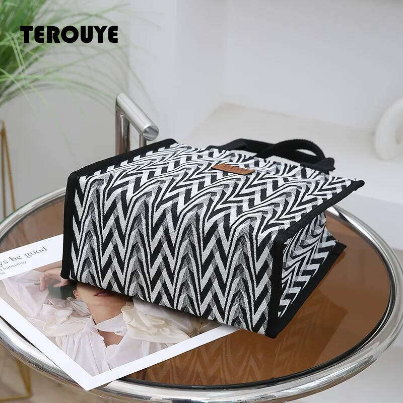 Chevron Pattern Canvas Tote Bag, Retro Letter Patch Decor Handbag, Women's Causal Shopper & Commuter Bag TEROUYE