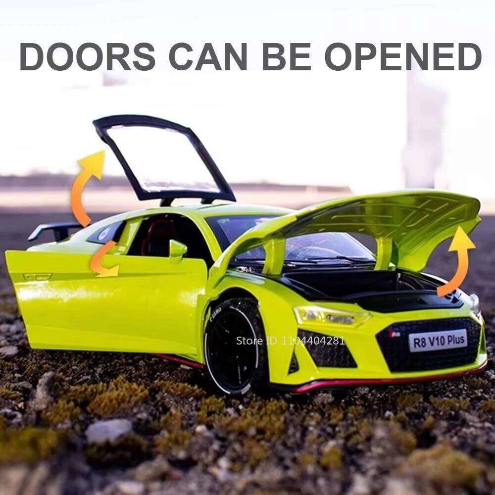 1:24 R8 V10 Plus RS7 Car Model Diecast Alloy Toys 4 Doors Opened with Sound Light Pull Back Miniature Vehices Fashion Home Decor Z260306