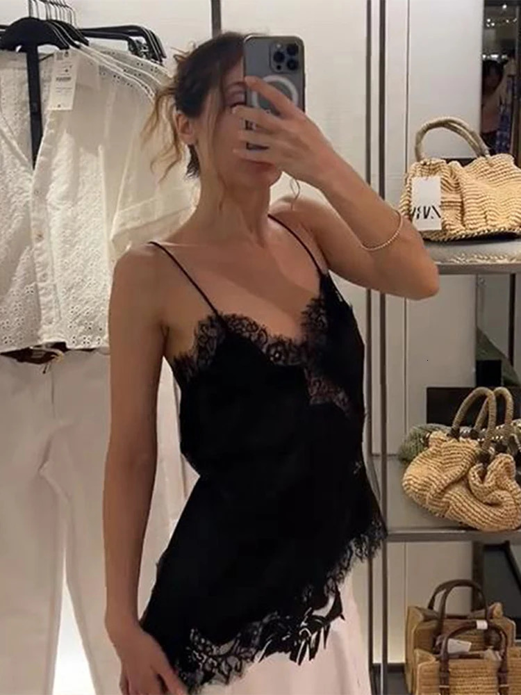 Women Solid Lace Sling Top Fashionable Sleevelesss Patchwork Irregular Tops Female Summer Chic Casual Holiday Vestidos 260306
