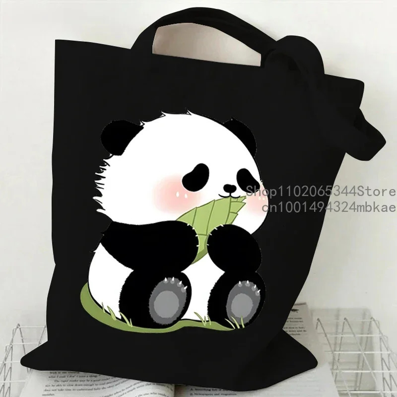 Cartoon Panda Pattern Canvas Shoulder Bag Women Portable Versatile Storage Cute Animal Shopping Bags Teen Girl Handbag 260307