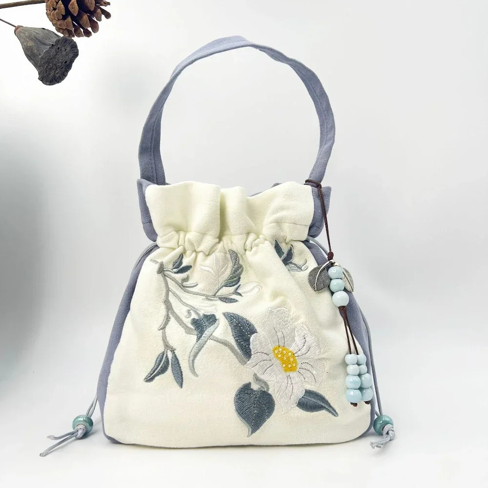 Chinese Style Retro Drawstring Bucket Bag Embroidered Lace Flower Shoulder Womens Crossbody Tophandle Bags Coin Purses 260307