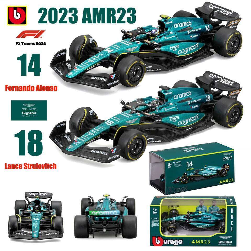 Bburago 1:43 2023 F1 Aston Martin 14# Fernando Alonso 18# Lance Strulovitch Alloy Luxury Die Casting Car Model Toy Series Z260306