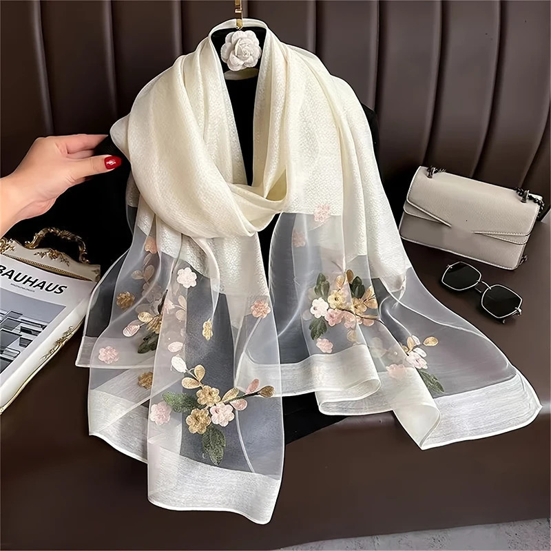 Women Silk Wool Scarf Floral Embroidery Hijab Female Foulard Spring Summer Thin Pashmina Shawls Wraps Bufanda Headscarf Stoles 260302