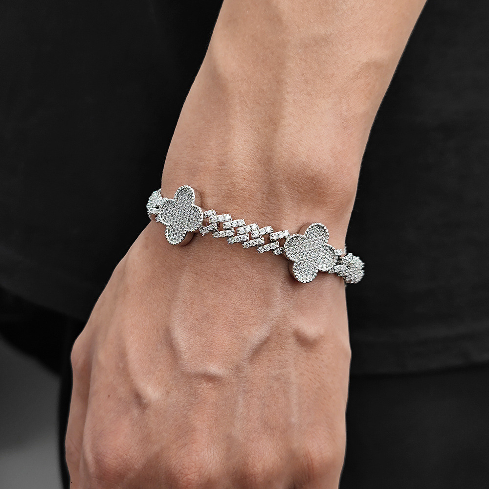 Bracelet Hip-Hop Spring Buckle Four-Leaf Clover Diamond Cuban Bracelet Chain Zircon High-End Versatile Men's Bracelet