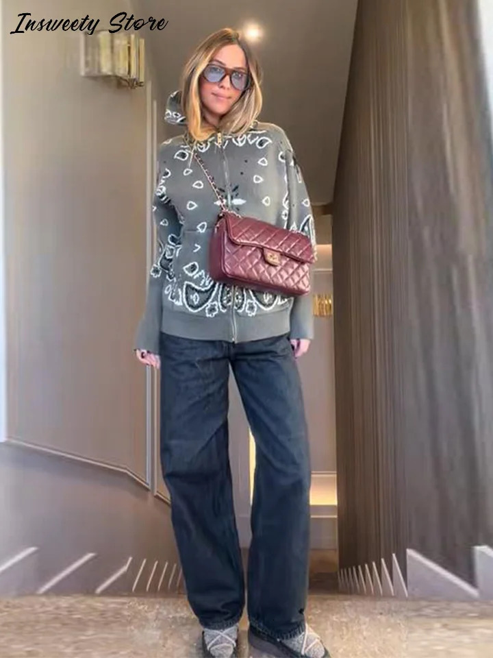 Fashion Knit Printed Sweater Womens Stand Collar Long Sleeve Zippers Vintage Style Cardigan 2026 Spring Lady Casual Top 260305