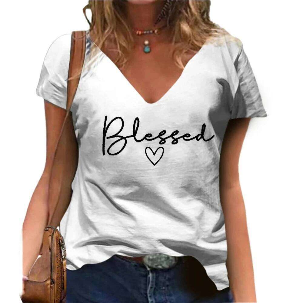 Blessed printed V-neck T-shirt casual short sleeved Women Fashion Streetwear Oversized V-Neck XJ260306