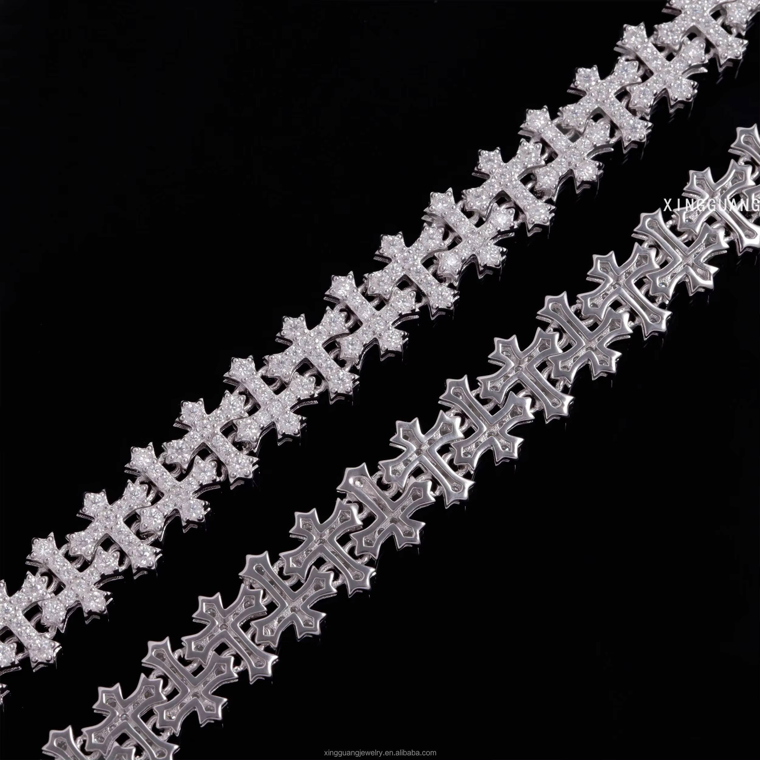 New Arrival Cross Style Moissanite Cuban Bracelet 12mm 925 Sterling Silver Diamond Hip Hop Bracelet Moissanite Cross Bracelet