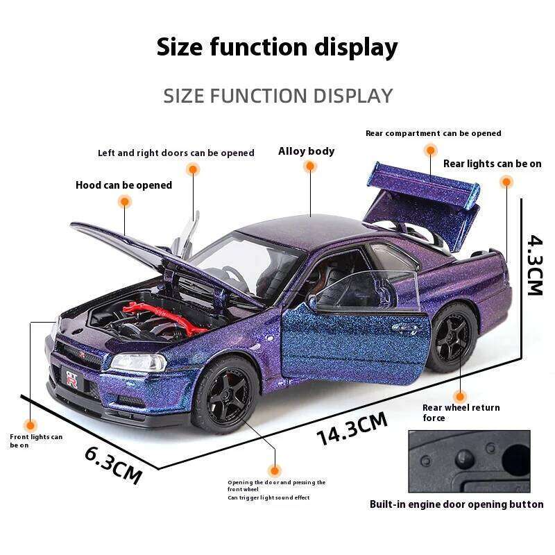 1:32 Nissan GTR R34 Skyline Supercar Alloy Metal Diecast Car Model Indoor Desktop Collection Hobby Trendy Ornament Birthday Gift Z260306