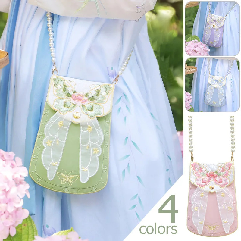 Hanfu Handbag Anime Cosplay Butterfly Pendant Purse Embroidered Bag Retro Chinese Style Fairy Pearl Chain Square 260307