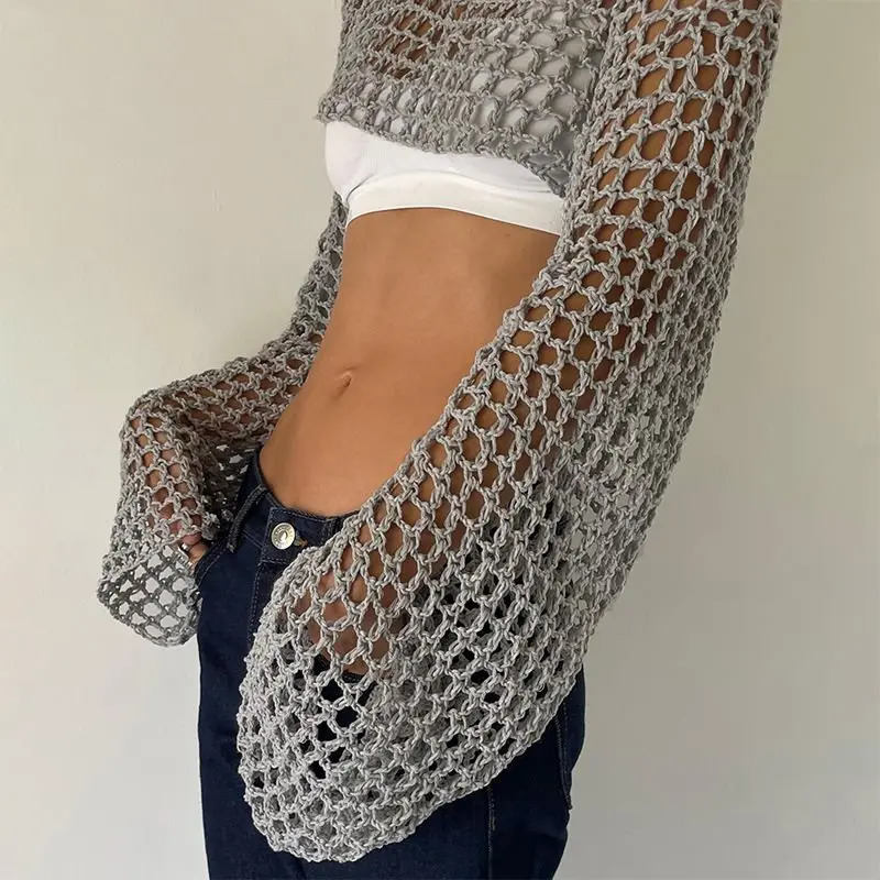 Long Sleeve Crochet Crop Top Summer Knit Hollow Out Mesh Cover Ups Womens Y2k Tops Pullover Streetwear 260306