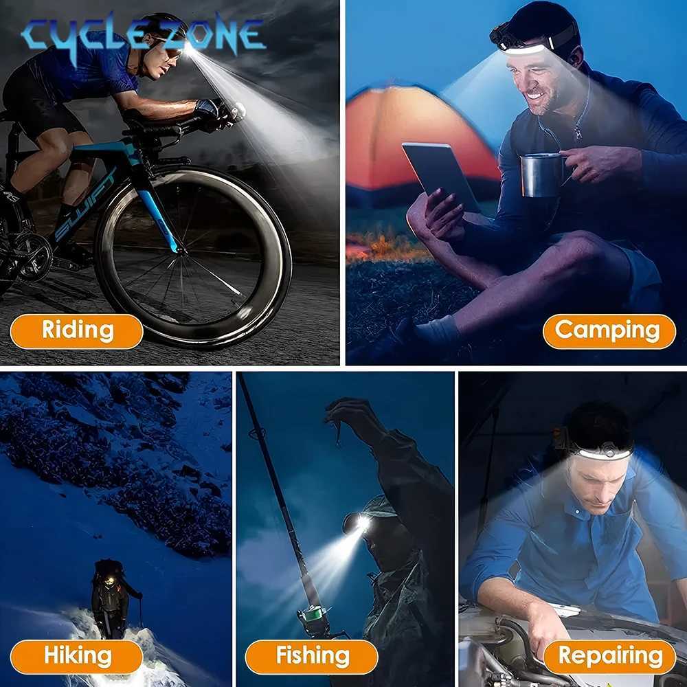 Powerful LED Sensor Headlamp Zoom COB Headlight Rechargeable Head Flashlight Built in Battery Outdoor Camping Fishing Lantern H260307