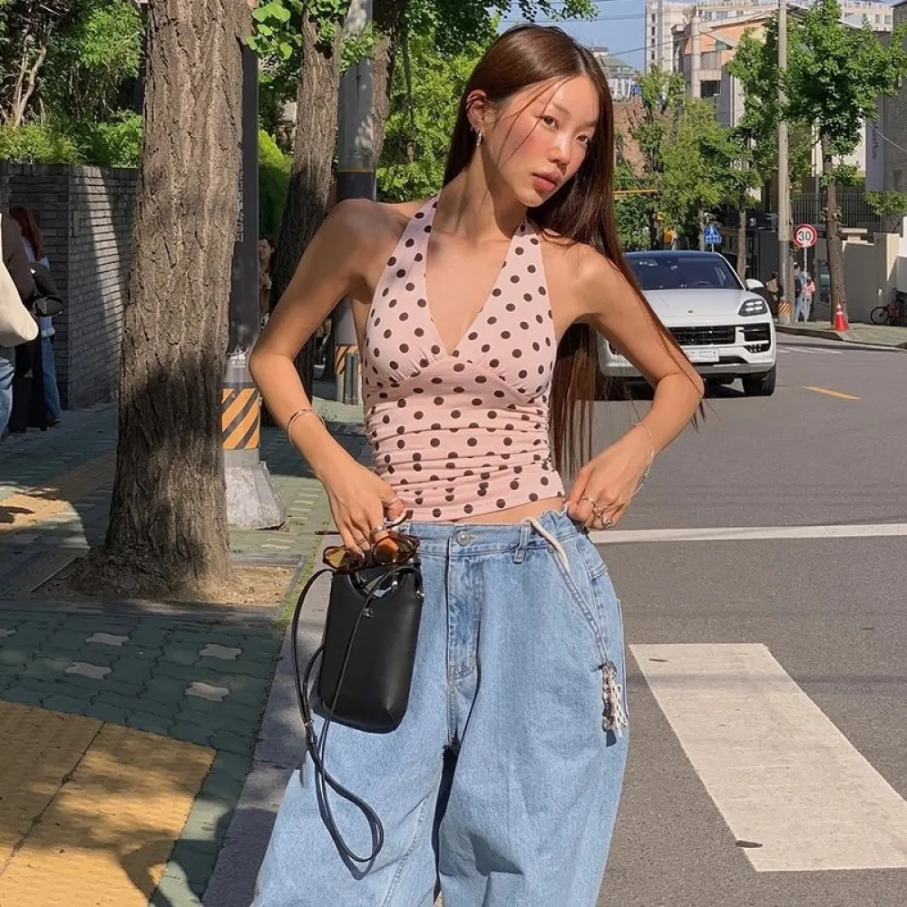 SylCue Polka Dots Tank Tops Women Sexy Low-Neck Off Shoulders Backless Street Fashion Versatile Style Ruched Elegant Outfits 260306
