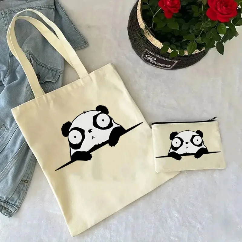 2 Pcs Cute Panda Ladies Handbag Cosmetic Bag Canvas Shoulder Ecofriendly Large Capacity Fashion Shopping Wallet 260307