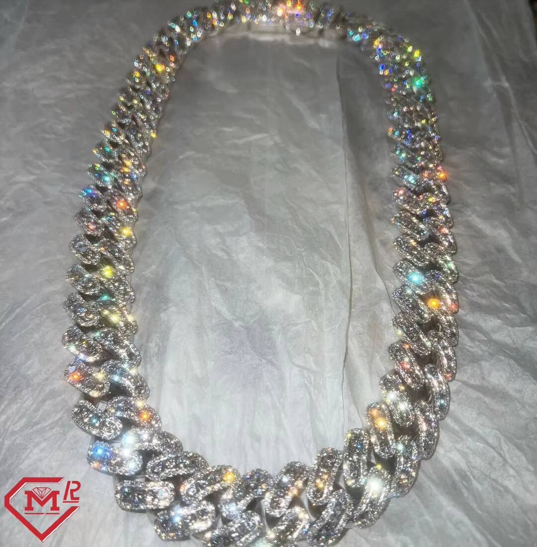 Super Iced Out Silver Moissanite Cuban Chain for Mens Luxury Hip Hop 18mm Pass Test S925 Moissanite Cuban Link Chain