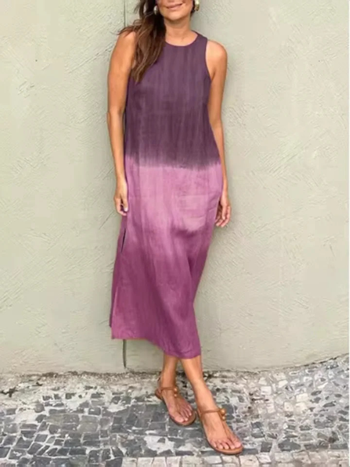 Elegant Gradient Dress Womens o Neck Sleeveless Dress Fashion Loose Vacation Dresses 260306