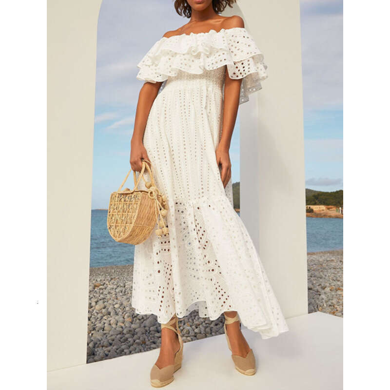 2026 summer niche fashion brand goddess off shoulder pleated embroidery hollowed out large swing a2 fairy vacation long skirt