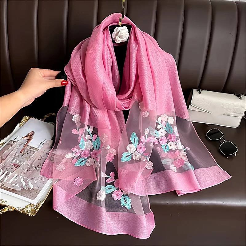 Women Silk Wool Scarf Floral Embroidery Hijab Female Foulard Spring Summer Thin Pashmina Shawls Wraps Bufanda Headscarf Stoles 260302