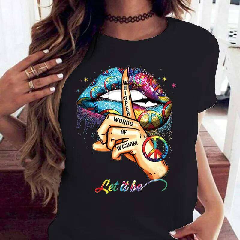 COTTON 100% Loose Crew-neck Creative Mouth Short-sleeved T-shirt Woman Oversized T Shirt Tops Aesthetic Clothes XJ260306 XJ260306