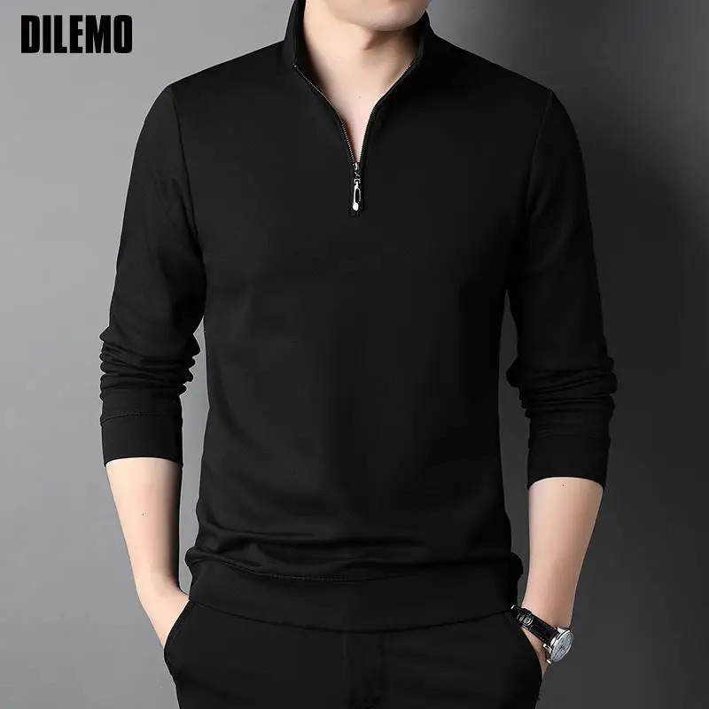 Top Grade Fashion y Zipper Polo Shirt Men Casual Plain Korean Solid Color Long Sleeve Tops Mens Clothing 260302
