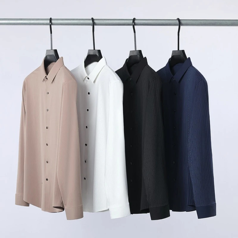 Mens Stretch Stripe Shirt - Elegant Slim Fit Long Sleeve for Business Casual Wrinkle-Resistant Office-to-Commute Wear M-4XL 260305