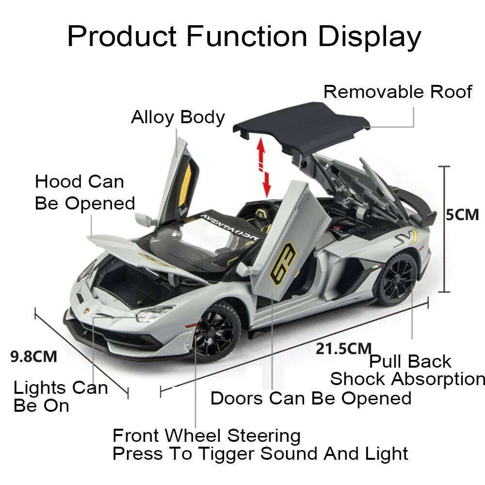 1:24 Lambor SCV12 SVJ63 Alloy Sports Car Model Toys Doors Opened Sound Light Pull Back Miniature Models Children's Holiday Gifts Z260306