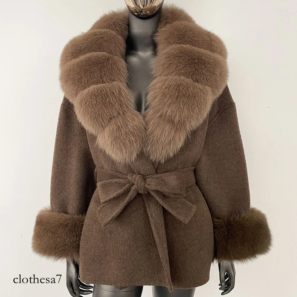 Belt Pocket Winter Jacket Natural Real Raccoon Fox Fur Blends Wool Coat Women Loose Casual Outerwear Streetwear