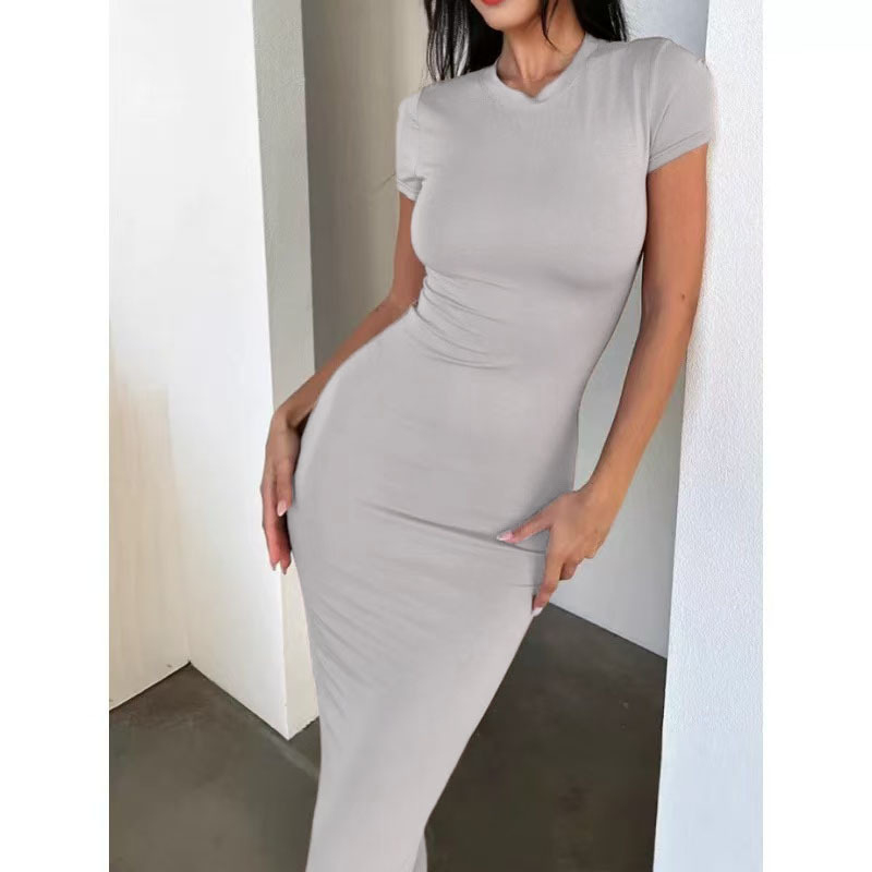 2026 New European American Womens Fashion Solid Color Short Sleeve Bodycon Dress Elegant Slim Fit Spring Summer Free Shipping