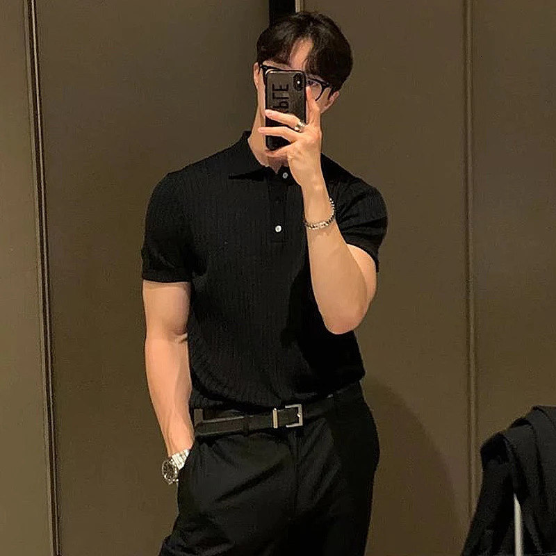 Summer Mens Clothing Retro Knit Lapel Striped Polo Shirt Solid Color Short Sleeve Fashion Light y Knitwear M3XL 260302