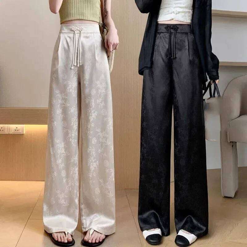 Mardi Hefxessdr New National Trend Button Embroidered Satin Wide Leg Pants Women's Casual High Waist Slimming Drapey Long Trousers style pants wo