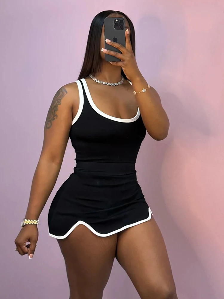 Sisterlinda Panelled Trim Matching 2 Piece Set Fashion Concise Uneck Backless Slim Crop TanksIrregular Mini Skirts Daily Suits 260306