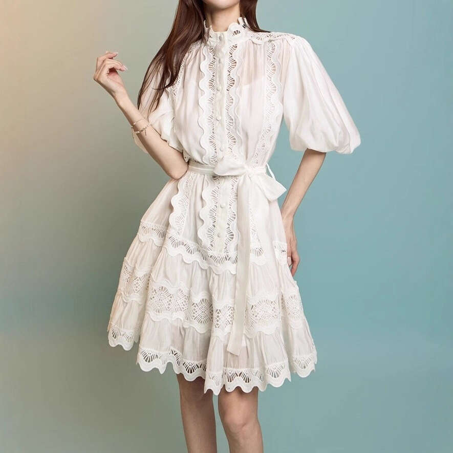 2026 Spring and Autumn Season European and A1 American Minority Ladies Elegant Design Lace Bordered Lantern Sleeves Solid Color Loose Tie Skirt