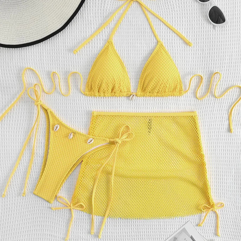 Summer Swimsuit For Women Sexy Bikini Set Pushup Padded Bra Thong Three Pieces Neck Halter Beachwear Bathing Swimsuits 260306