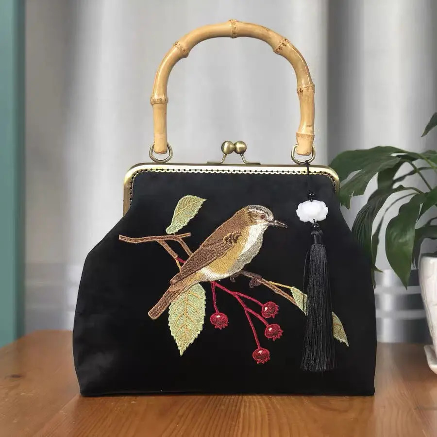 Embroidery Bird Fringe Bag Wood Hand Vintage Fashion Tote Womens Handbags Purses Chain Women Shoulder Crossbody Bags 260307