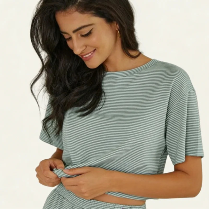 Casual Solid Stripe Top Short Sets 2 Pieces For Women O Neck Sleeve Crop Pullover Elastic Stretchy Shorts Lady Outfits 260306