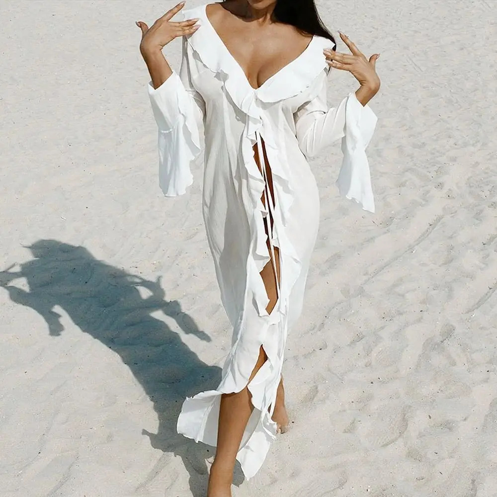 V Neck Summer Beach Cover Up Long Sleeve Ruffled Bikini Sunscreen Smock Vacation Casual Swimsuit Dress for Women 260228