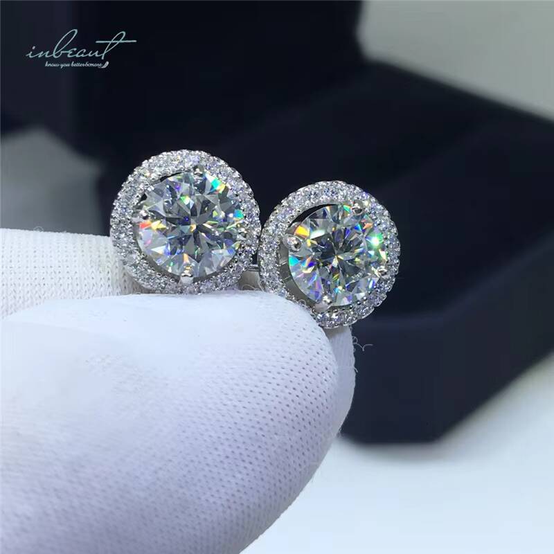 Silver 925 Original Total 6 Carat Round Brilliant Cut Pass Diamond Test D Color Moissanite Wedding Stud Earrings Fine Jewelry
