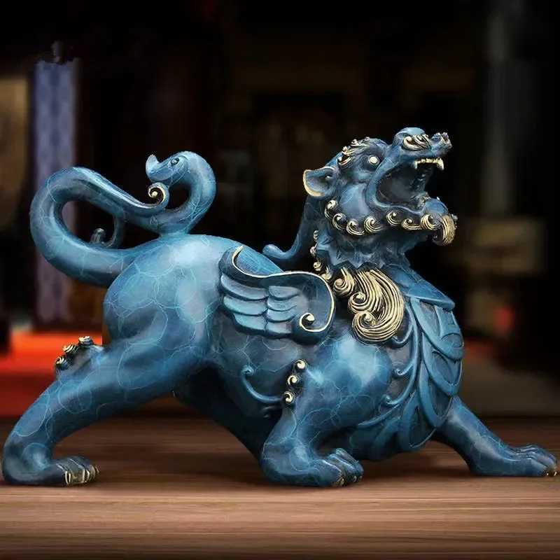 Chinese Blue Copper Pi Xiu Sculpture Feng Shui Decor for Home Office WealthT260307