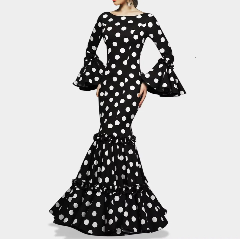 Elegant Party Long Dress Women Polka Dot Printed Ruffle Hem Sundress Bohemian Casual O-neck Flare Sleeve Slim Maxi Robe 260304