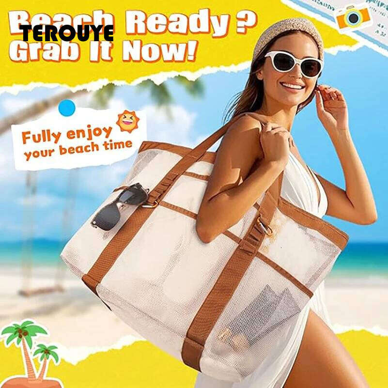 Large Ladies Colour-Blocked Foldable Mesh Tote Lightweight Spacious Beach Bag For Sunbathing Gym TEROUYE