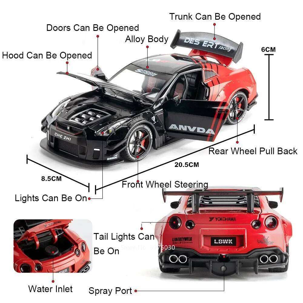 1:24 Scale Alloy Diecast GTR Cars Models Toys Pull Back Miniature Sports Car with Light Sound Vehicles for Boys Birthday Gifts Z260307