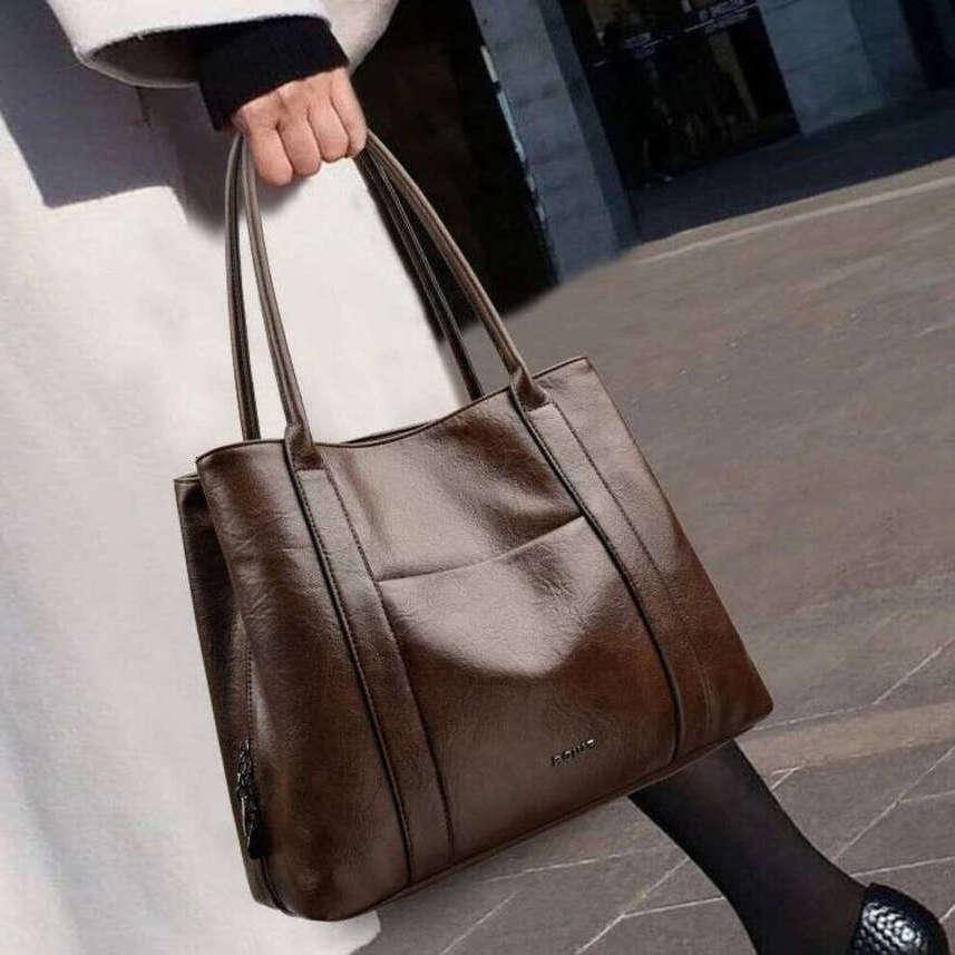 TAURUSCIAGA Large-Capacity Ladies' Genuine Leather Textured Tote Simple Commuting Single-Shoulder Bag, Retro Women's Bag Noble Temperament B